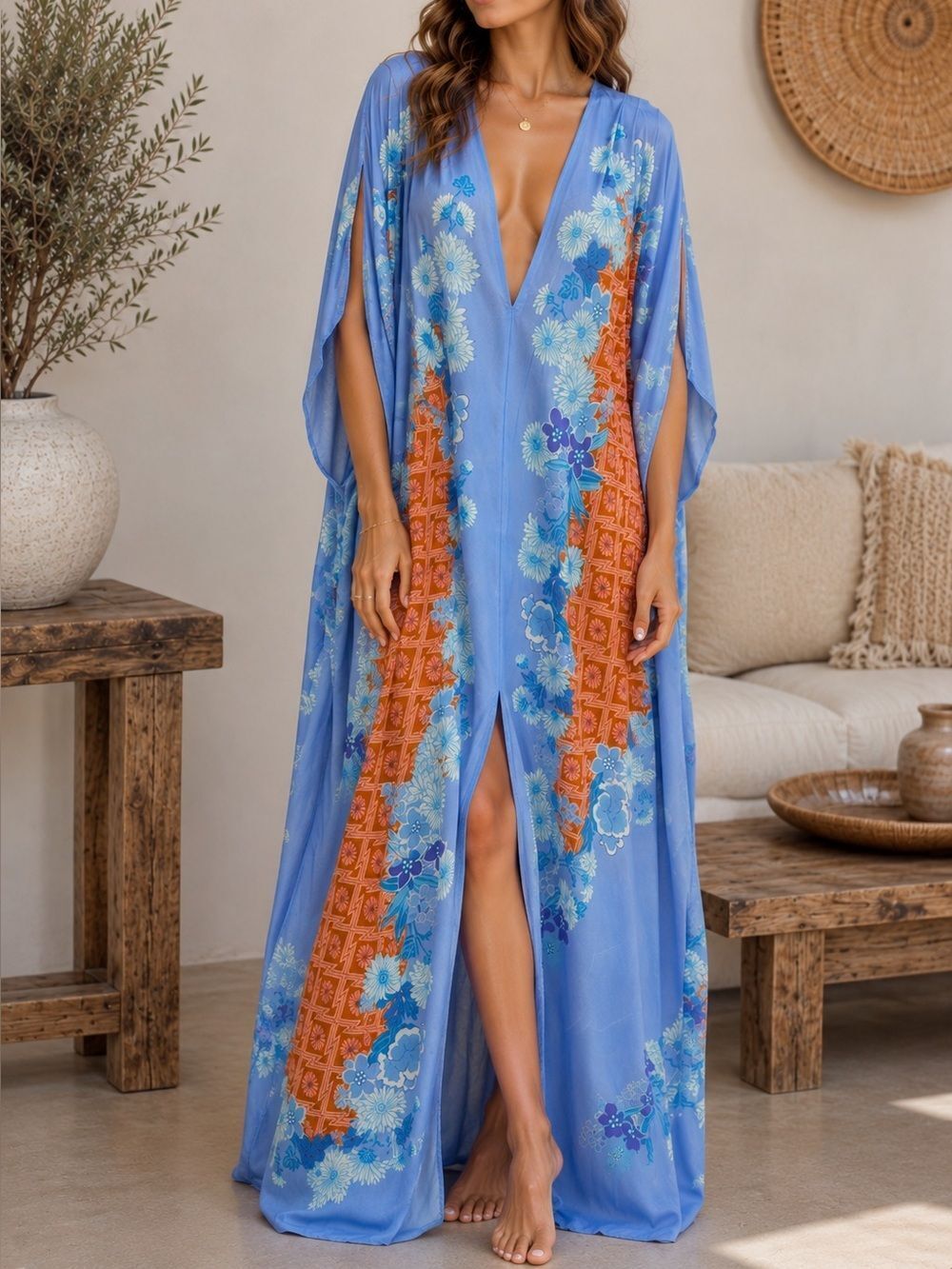 Armonia Italy Blue Floral Caftan Maxi Dress Deep V Lounge Cover Up Sz 2 Vintage